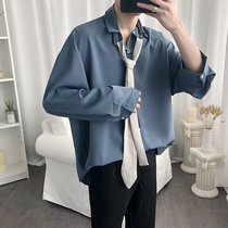 Very fairy shirt male ruffian handsome summer port wind striped three-point sleeve shirt male Korean version of the trend handsome loose outfit