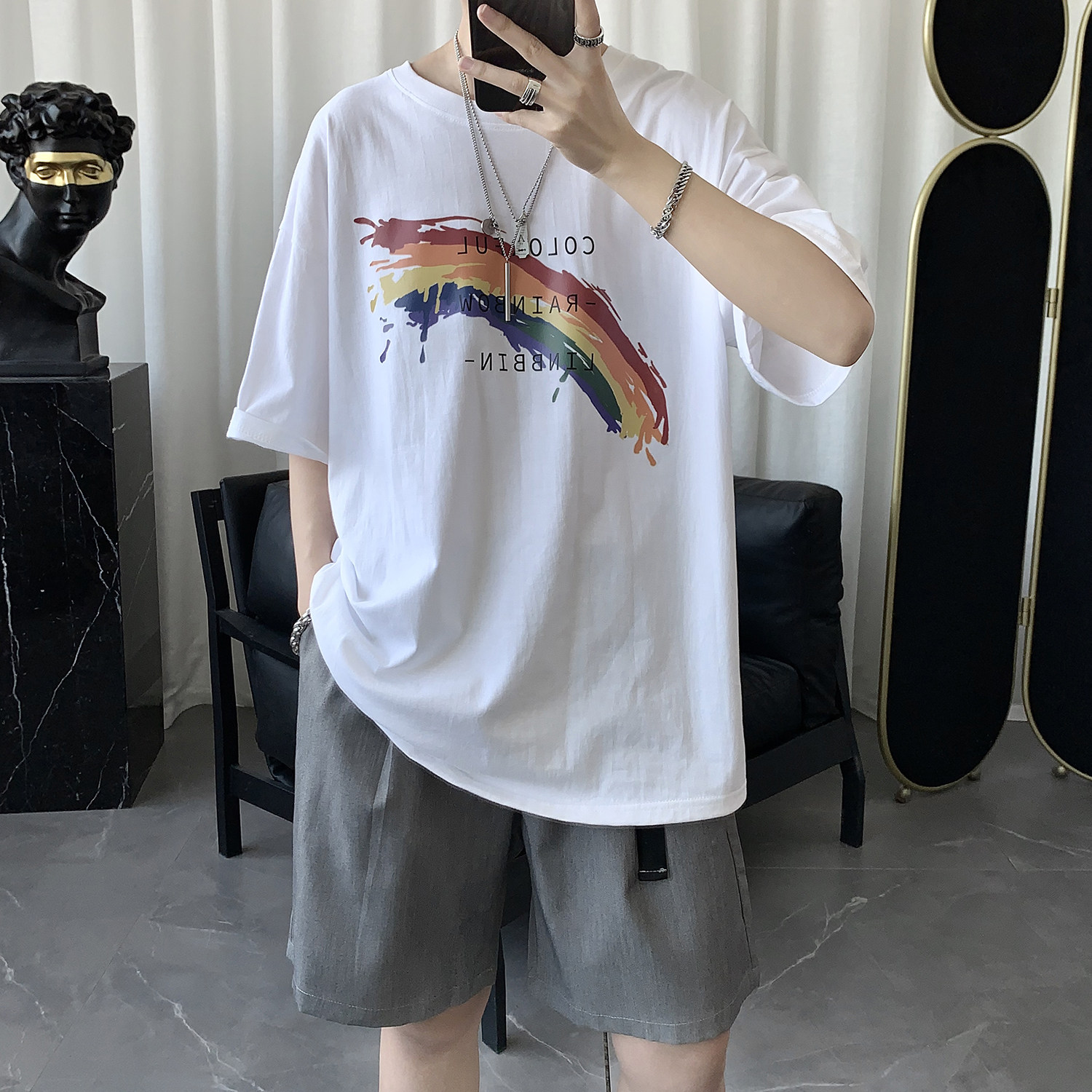 2020 new summer Harajuku style cotton print short sleeve T-shirt men's tide brand trend Hong Kong style ins half sleeve dress