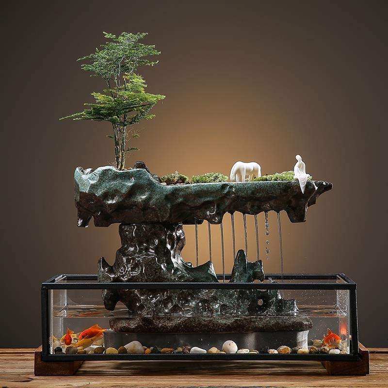 Water cylinder running water swinging piece circulating water basin fish tank water view fish basin stone trough instrumental system for making up fish on creative fake mountain