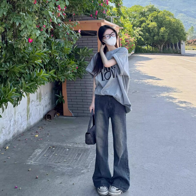 Slnd American Retro Gray Short-Sleeved Black Letter Cotton T-Shirt for Women Summer 2026 New Loose and Lazy Top