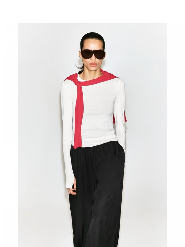 Cs Women's Slim Fit Cotton Long Sleeve Round Neck Knitted White Top with Thumb Hole Cuffs 1326265002
