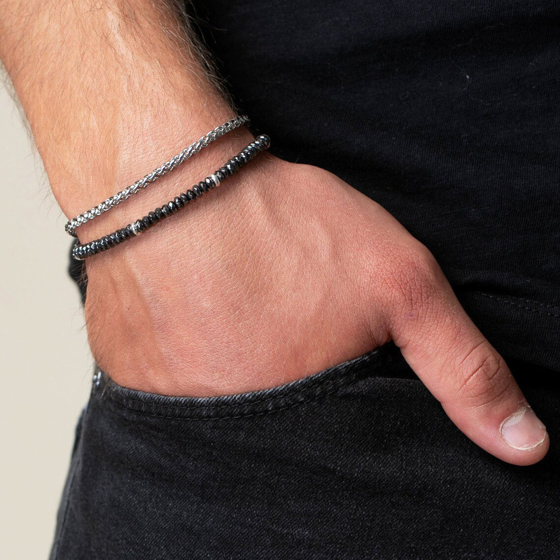 Black Iron Stone Elastic Bracelet for Men, Trendy Double-Layer Stacked Simple and Unique Bracelet, Minimalist Style, Fashionable and Versatile Accessory