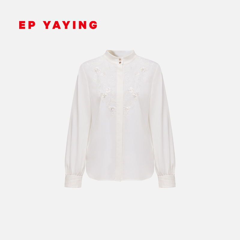 Ep Yaying White Shirt Pure Wool Floral Embroidery Stand Collar Workplace Fine Woven Shirt 26 Autumn and Winter New Product 2110A Ep Yaying White Shirt Pure Wool Floral Embroidery Stand Collar Workplace Fine Woven Shirt 26 Autumn and Winter New Product 2110A