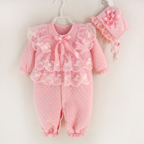 Spring and Autumn female baby clothes Princess lace full moon 100 days dress thickened cotton newborn baby romper one-piece