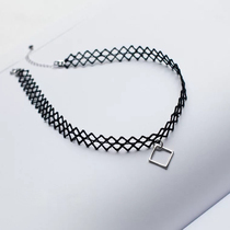S925 sterling silver choker collar female short choker geometric square hollow black neckband necklace