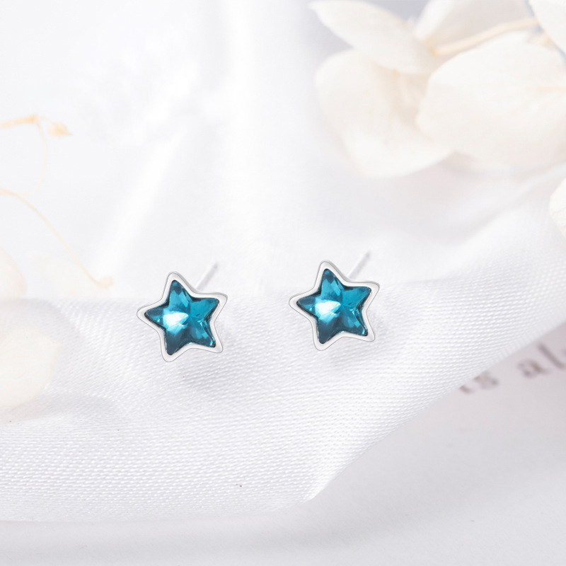 S925 Pure Silver Austrian Blue Crystal Star Earshot Female Fashion Han Edition Sweet Beauty Pentagram Blue Diamond Earrings Temperament