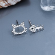 Micro-inlaid with drill cute kitten fish bones 925 sterling silver earrings temperament Korean asymmetric ear jewelry personality female
