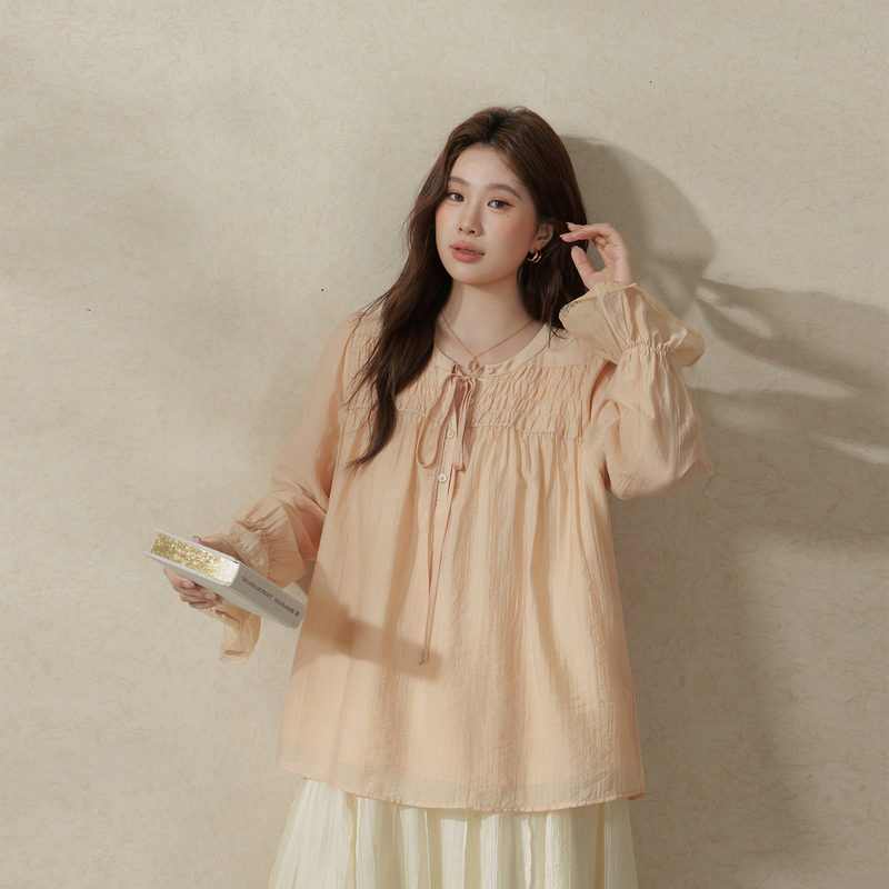 Plus-Size Women's Clothing for Slightly Chubby Girls: Lyocell Linen Tie-Front Shirt with Lace Trim Plus-Size Women's Clothing for Slightly Chubby Girls: Lyocell Linen Tie-Front Shirt with Lace Trim