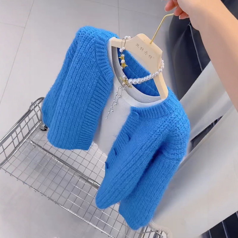 Klein Blue Soft and Thick Sweater Cardigan for Women, Autumn and Winter, Lazy Style, Slimming, Korean Style, Single-Breasted Knitwear