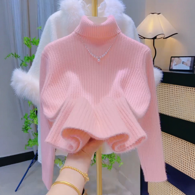 Double-Collar High-Neck Thick Faux Mink Pullover Sweater for Women, Autumn and Winter, Gentle and Stylish, Slim-Fit Knit Base Layer Double-Collar High-Neck Thick Faux Mink Pullover Sweater for Women, Autumn and Winter, Gentle and Stylish, Slim-Fit Knit Base Layer