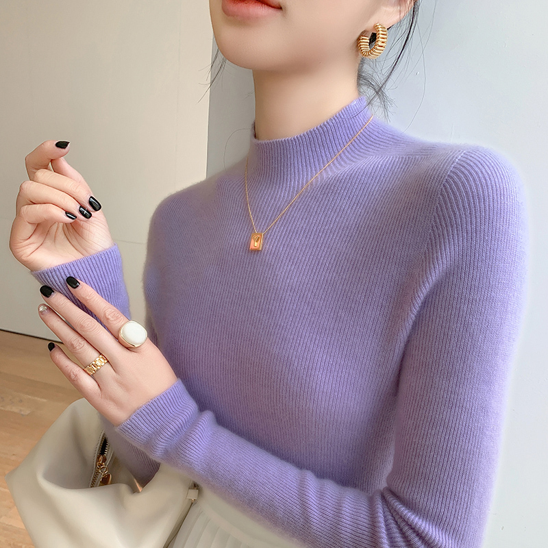 Seamless One-Piece Baby Cashmere Sweater for Women, Slim Fit, Half Turtleneck Pullover, Long-Sleeved Knitted Sweater