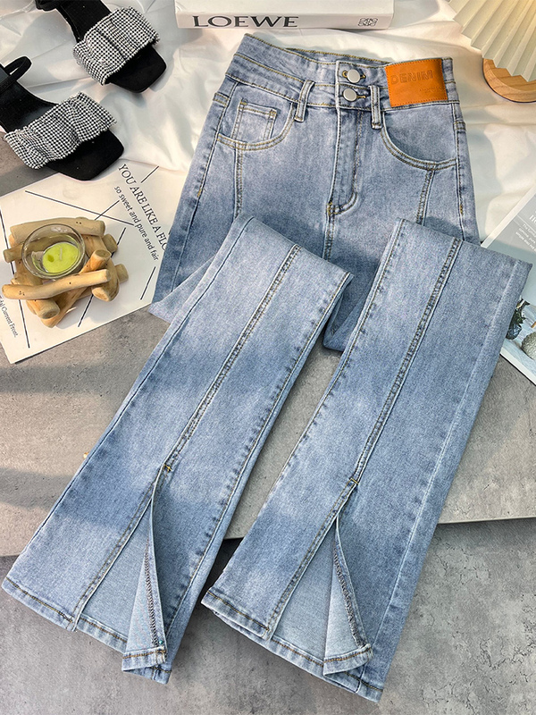 Split Hem Flared Jeans for Women 2026 New Spring High-Waisted Stretchy Bootcut Pants Petite Floor-Length Bell-Bottom Pants