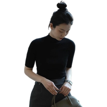Half turtleneck mid-sleeve T-shirt womens 2024 autumn new style French inner layering shirt slimming black top