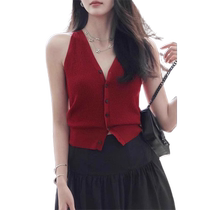 Burgundy Camisole Womens 2024 Summer New V-neck Slim Short Halter Neck Knitted Sleeveless Top