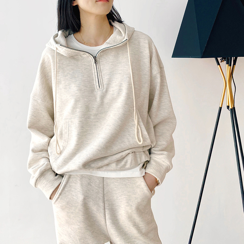 Sports and leisure suit women's autumn and winter retro neutral style loose and thin hooded zipper pure cotton pullover sweater and trousers