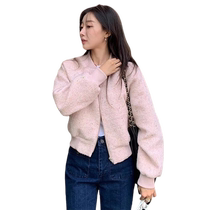 Pink stand-up collar small fragrant jacket for women autumn 2024 new Korean style atmosphere wear temperament mixed color woolen top