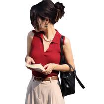 Red V-neck Camisole Womens 2024 New Autumn Ankerei Outerwear Polo Neck Sleeveless Waistcoat Top