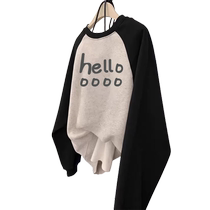 美式插肩袖圆领卫衣女2024秋冬新款宽松大码加绒加厚无帽外套上衣