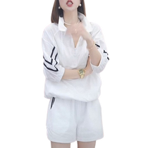 White casual sports suit for women summer thin fashion loose casual all-match top wide leg shorts two piece set