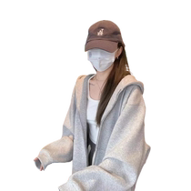 Gray hooded sweatshirt autumn womens 2024 new style lazy style loose slim sports casual jacket top
