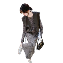 Autumn clothing matching complete set of womens clothing spring and autumn fashion vest striped long-sleeved dress salt style age-reducing suit