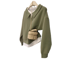 Green fake two-piece sweatshirt for women 2024 autumn and winter new European style small loose hooded right shoulder polo collar top