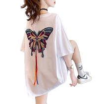 White short-sleeved t-shirt womens mid-length 2024 summer new large size womens loose slimming cotton half-sleeved top