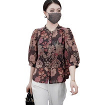 Half-sleeved floral shirt for women 2024 summer new middle-aged mothers clothing flesh-covering shirt thin chiffon shirt trendy top