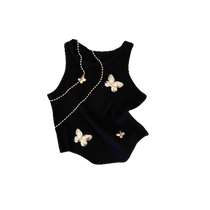 Black Butterfly Camisole Womens 2024 New Summer Outerwear Slim Fit Sweet Hot Girl Short Knitted Top