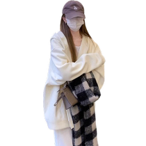 White sweatshirt jacket womens 2024 autumn and winter new loose casual mid-length butt-covering hooded zipper cardigan