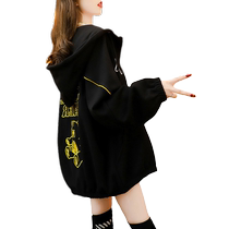 Hooded sweatshirt for women 2024 new early autumn large size coat bear print loose casual mid-length velvet cardigan