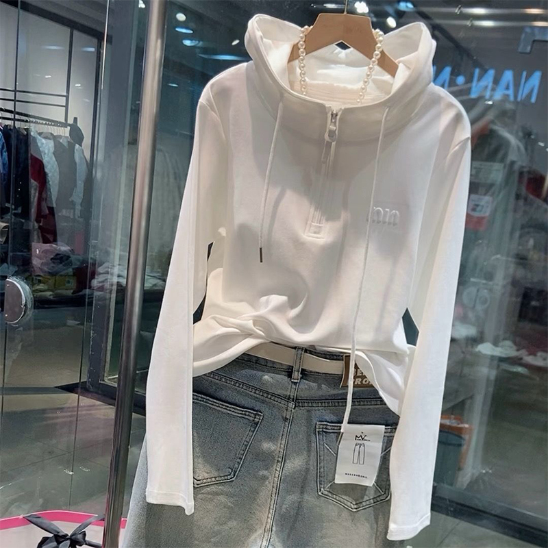 White Hooded Long-Sleeve T-Shirt for Women, Popular European Fashion Versatile Pullover Half-Zip Sweatshirt for Spring 2026