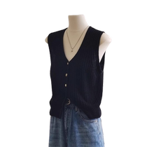 Black v-neck ice silk knitted cardigan vest for women summer thin 2024 new outer wear small waistcoat sleeveless top