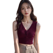 Burgundy Camisole Womens Summer 2024 New Small Short V-neck Unique and Chic Sleeveless Knitted Top