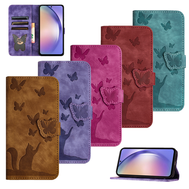 Suitable for Apple 15/17/12/13/14 Promax iPhone Plusx/Xr/7/8/16 Full Series Butterfly Cat Embossed Flip Phone Leather Case Protective Shell Cute