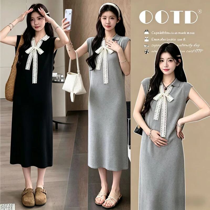 Maternity Summer Dress 2026 New Style, French-Style Long Dress That Doesn'T Show Pregnancy during Pregnancy, Summer Bow-Tie Strap Sundress