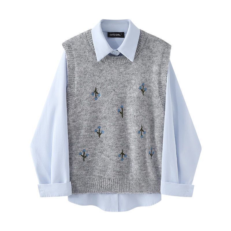 2026 Spring and Autumn Korean Style Gray Jacquard Vest Knitted Vest for Women, Autumn Inner Wear with Blue Shirt Two-Piece Set