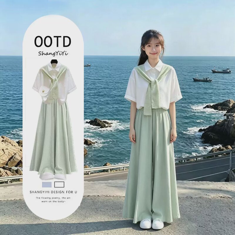 Summer Fresh Outfit Set for Women, Korean Style Loose College Style Fake Two-Piece Short-Sleeved Shirt, Wide-Leg Pants and Skirt Two-Piece Set Summer Fresh Outfit Set for Women, Korean Style Loose College Style Fake Two-Piece Short-Sleeved Shirt, Wide-Leg Pants and Skirt Two-Piece Set