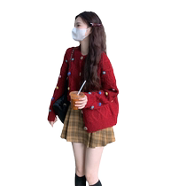 Autumn and winter style French retro design colorful ball knitted sweater sweater fashionable atmosphere red cardigan jacket