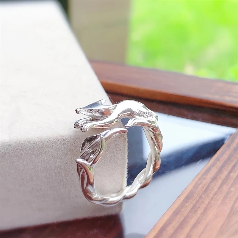 Chinese Mythological Story Cute Silver Nine-Tailed Fox Adjustable Ring Unique Design Animal Ring Jewelry