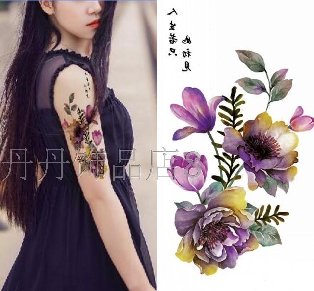 Màu tím nhạt hoa mẫu đơn nữ không thấm nước hình xăm sticker sơn cơ thể hình xăm Hàn Quốc đầy đủ hình xăm dán tattoo