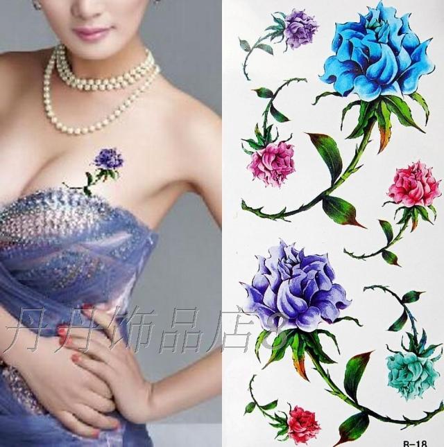 Nữ Hình xăm không thấm nước Nhãn dán màu tím xanh Hoa hồng gợi cảm cơ thể 10 miếng đầy đủ hình xăm dán vĩnh viễn