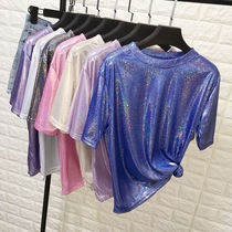 Color-changing reflective shiny womens short-sleeved square dance t-shirt loose large size medium-long glitter silk performance suit