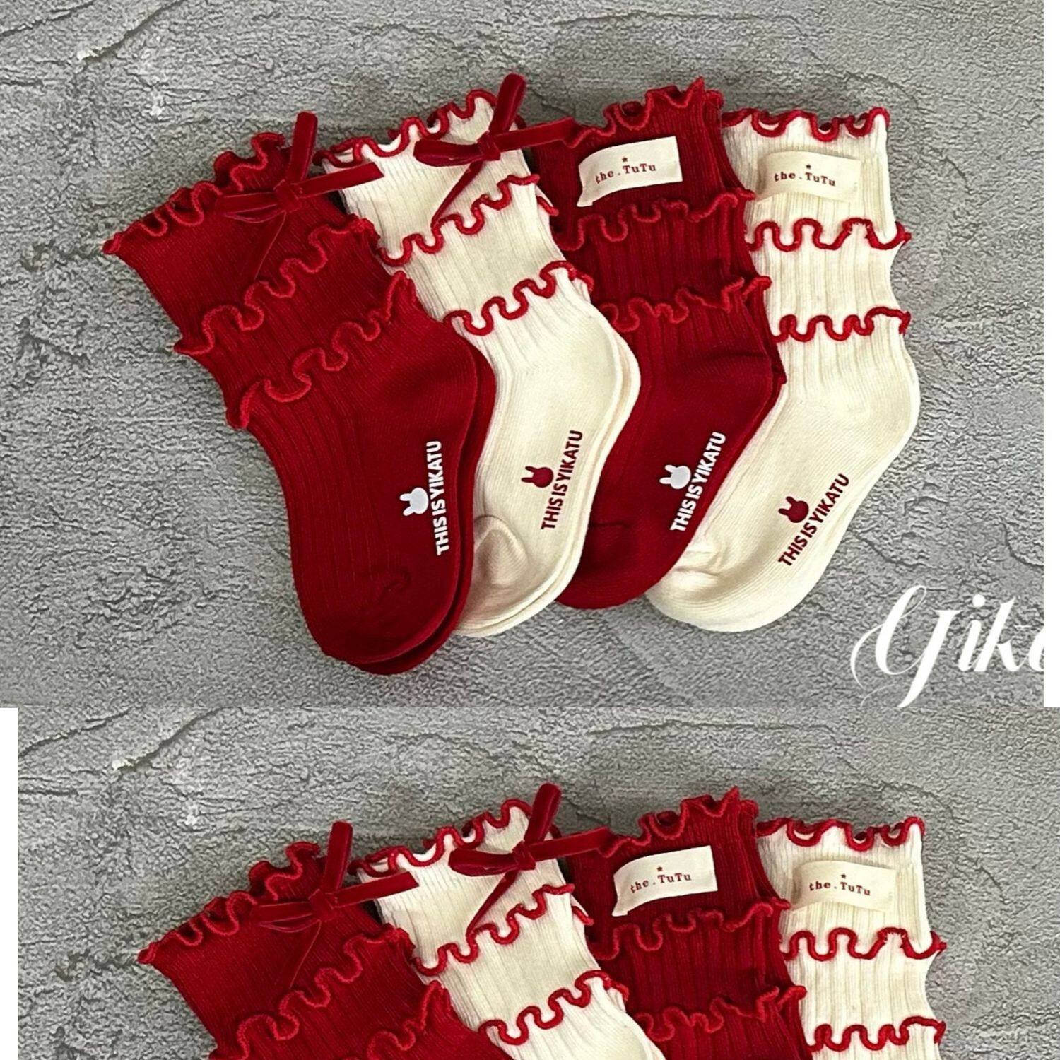 Girls' Autumn and Winter Socks, Mid-Calf Children's Socks, New Year Red Lace Bow Princess Stylish Girl Baby Lace Socks