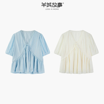 Bubble sleeve shirt woman loose and thin design lace short sleeve tops