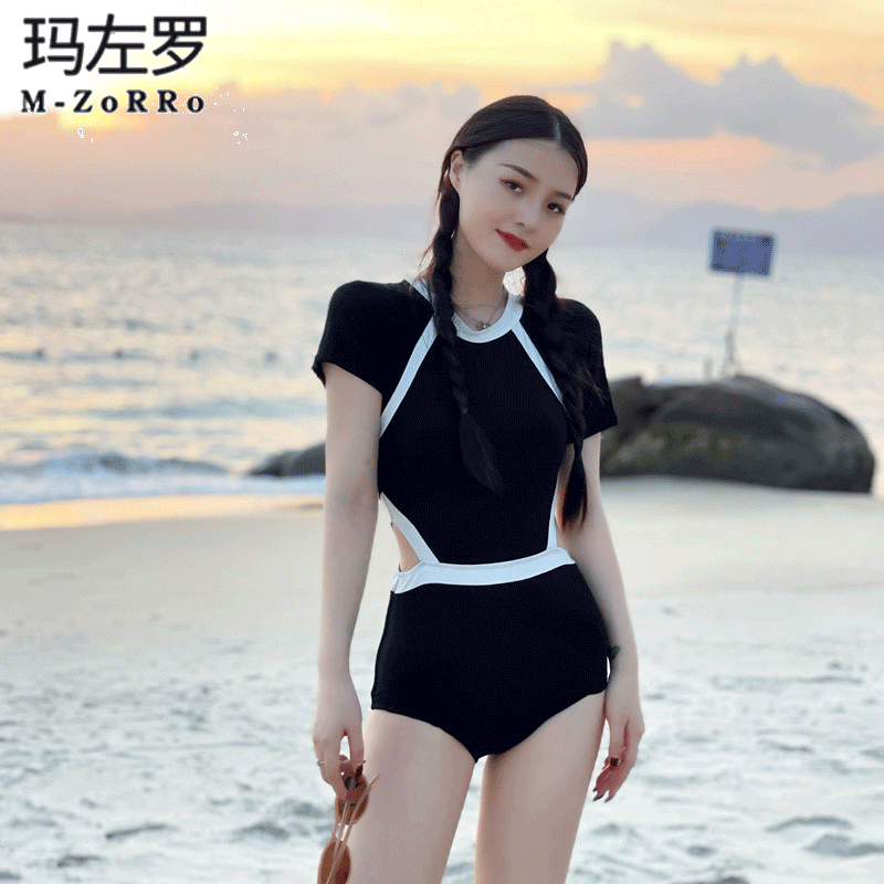 Retro light extravaganza Resort Black Fairy student Long sleeves Chater Belly Fashion Conservative Spa Connected Swimsuit Woman
