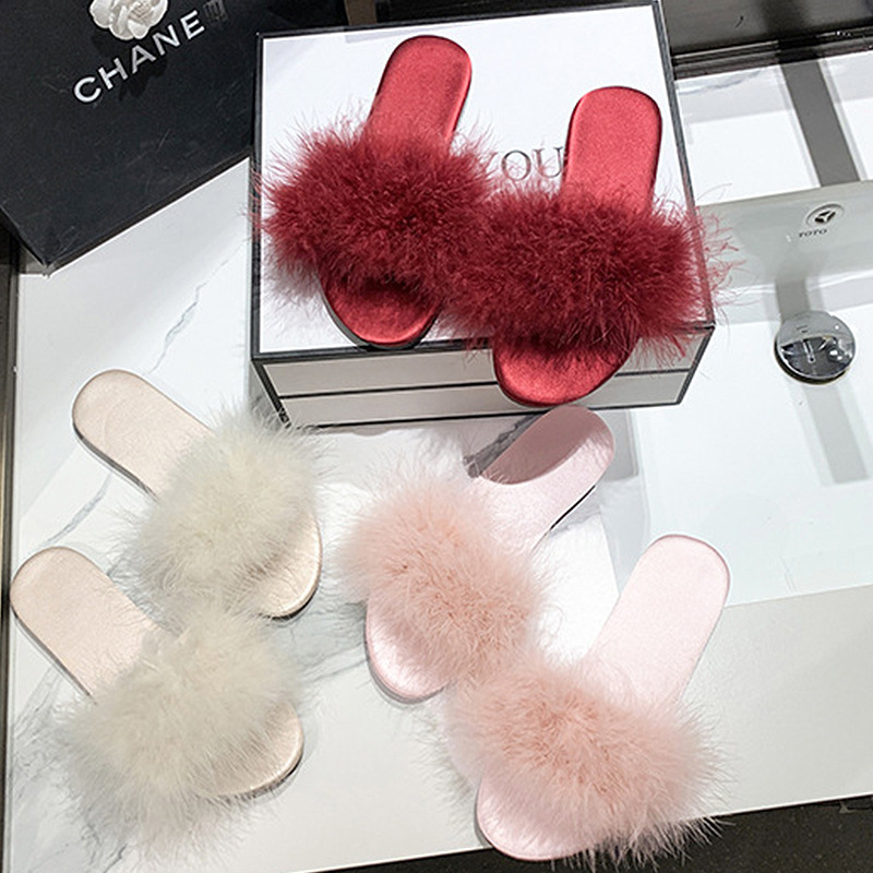 Wedding Dressing Gown Paired with New Style Furry Slippers for Women, Fashionable Low-Heeled Wedding Bridesmaid Feather Slip-Ons