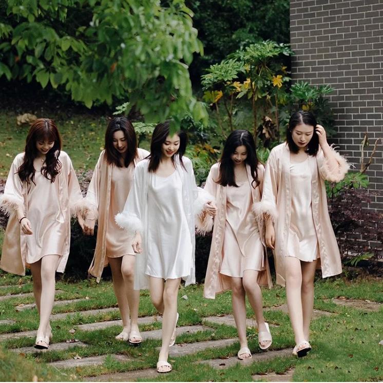 Sexy Pink Feather Dressing Gown for Women, Bride, Wedding, Spring, Autumn, Summer, French Style, High-End Bridesmaid Pajamas, Nightgown