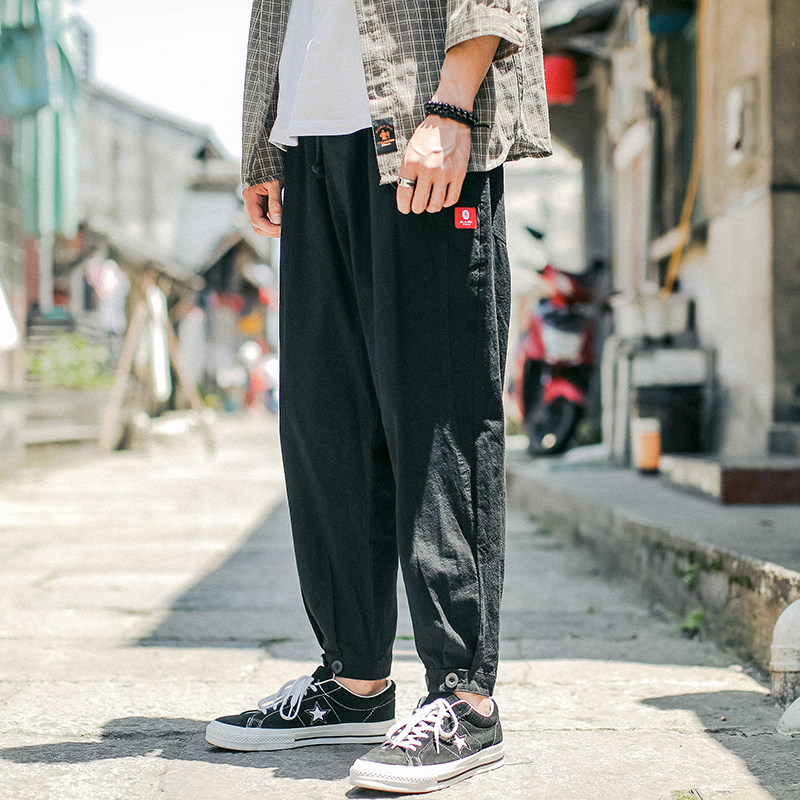 Summer men's cotton and linen casual pants are refreshing, breathable and loose Korean version of the trend of thin long pants with nine points of linen