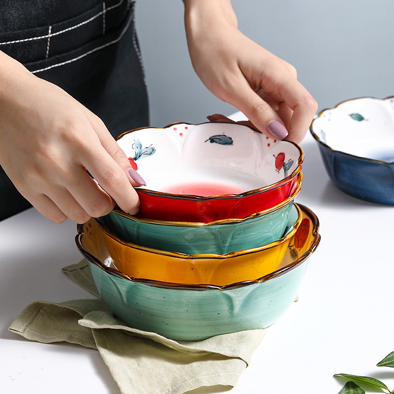 Japanese style cute single bowl Household lace hand painted ceramic baking bowl Baking baked baked rice bowl Salad fruit personality creativity